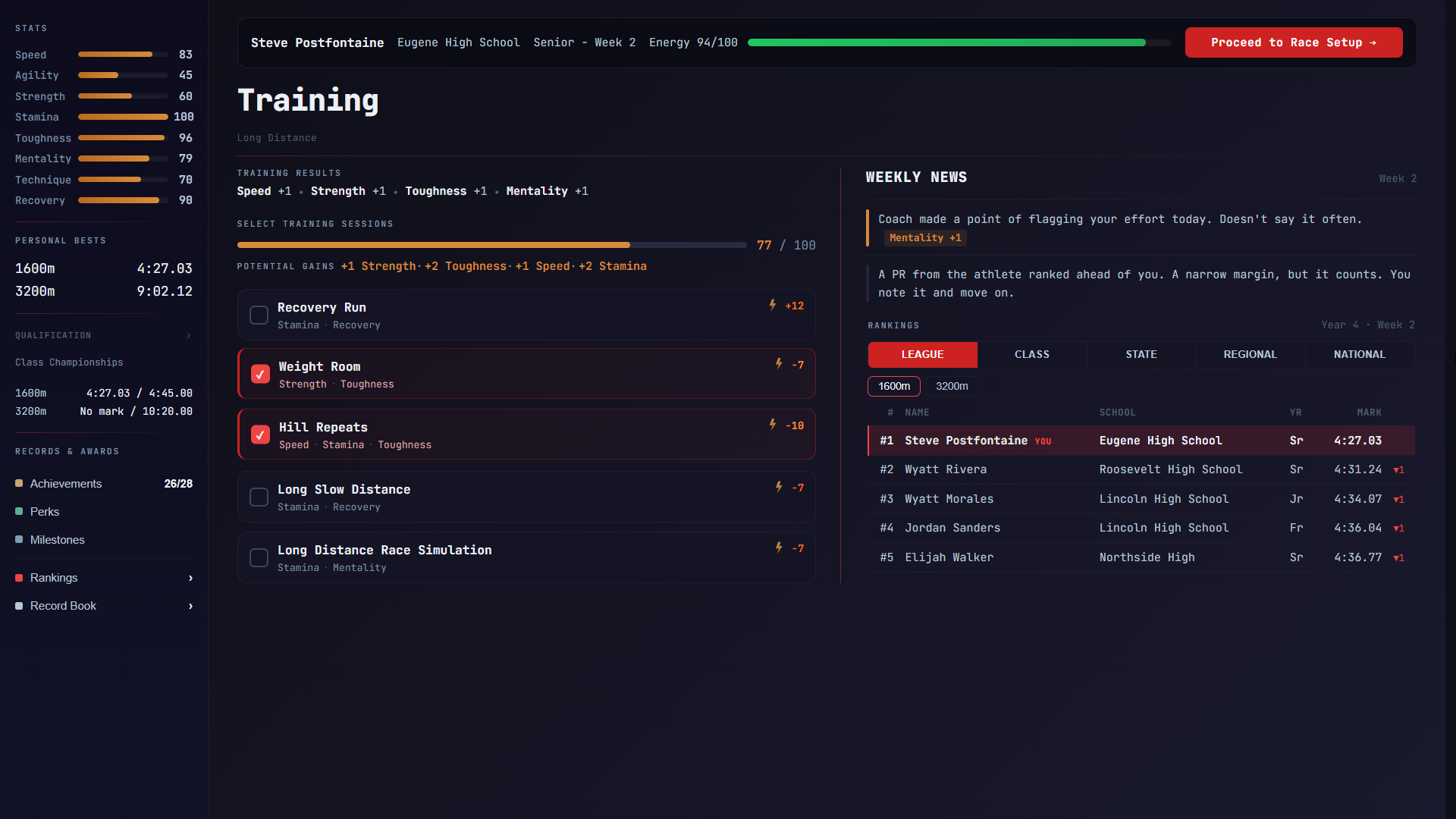 Track Star training week screen
